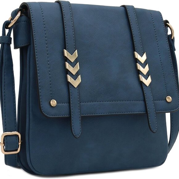 Double Compartment Faux Leather Crossbody Bag Navy Blue Zipper Closure - Picture 2 of 6